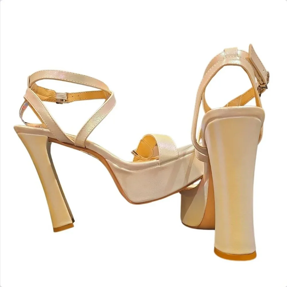 Iridescent Pearl Platform High Heel Strappy Sandals With Ankle Buckle